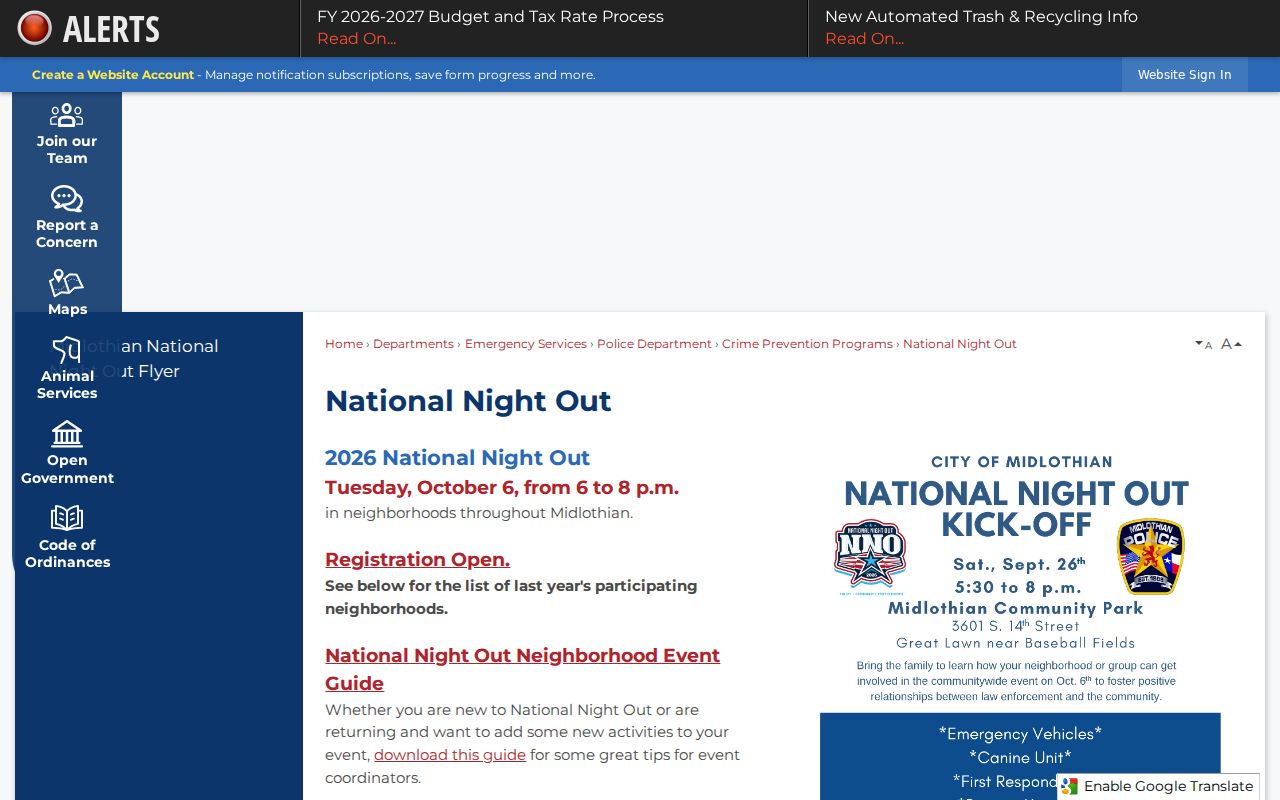 Midlothian neighbors National Night Out civic event information