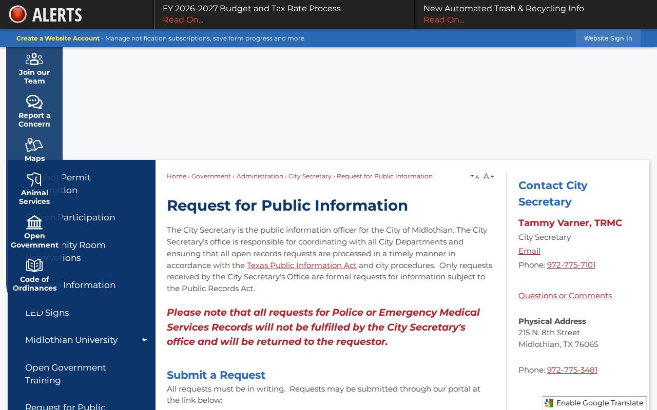 Midlothian residents directory public-information request portal